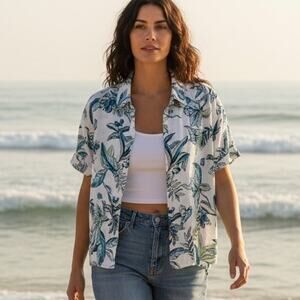 Tahari Tropical Linen Button Top Womens Large White Turquoise Coastal Aloha